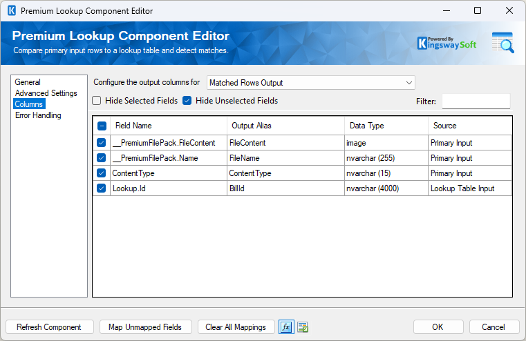 Premium Lookup Component Editor Columns page showing FileContent, FileName, ContentType, and BillId output fields for matched rows.