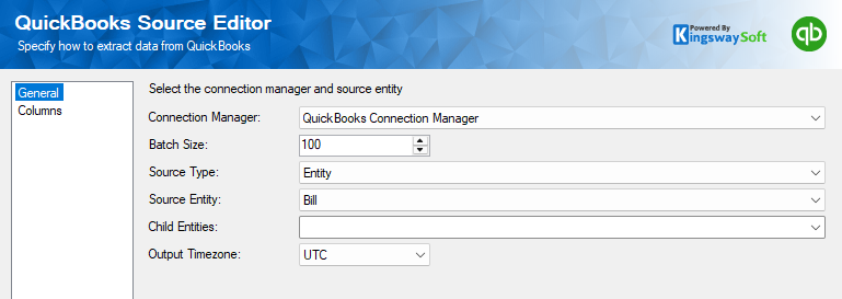 QuickBooks Source Editor configured to retrieve Bill records from QuickBooks Online.