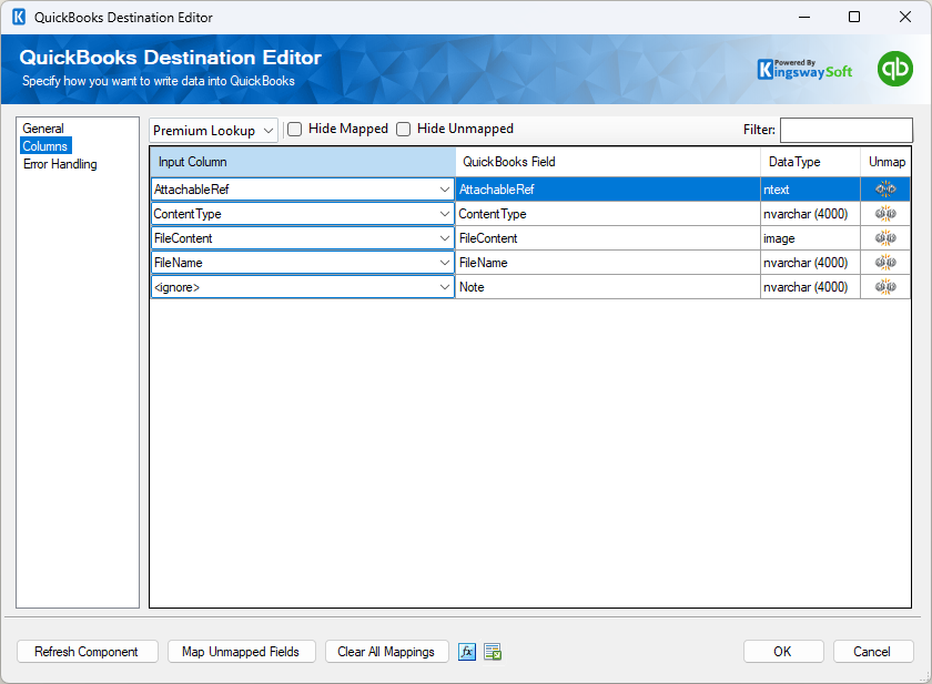 QuickBooks Destination Editor Columns page showing mappings for AttachableRef, ContentType, FileContent, and FileName.