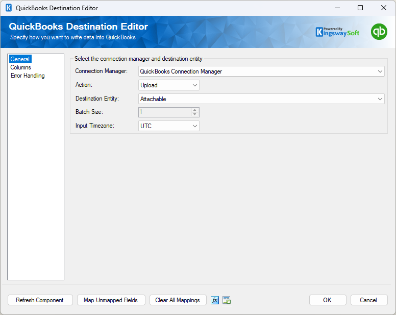 QuickBooks Destination Editor configured with the Upload action and Attachable destination entity.