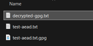 File Explorer showing the original text file, the AEAD-encrypted file, and the decrypted-gpg.txt output created using GnuPG.