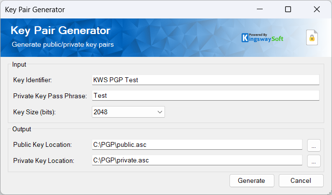 KingswaySoft PGP Key Pair Generator showing the key identifier, passphrase, key size, public key location, and private key location.