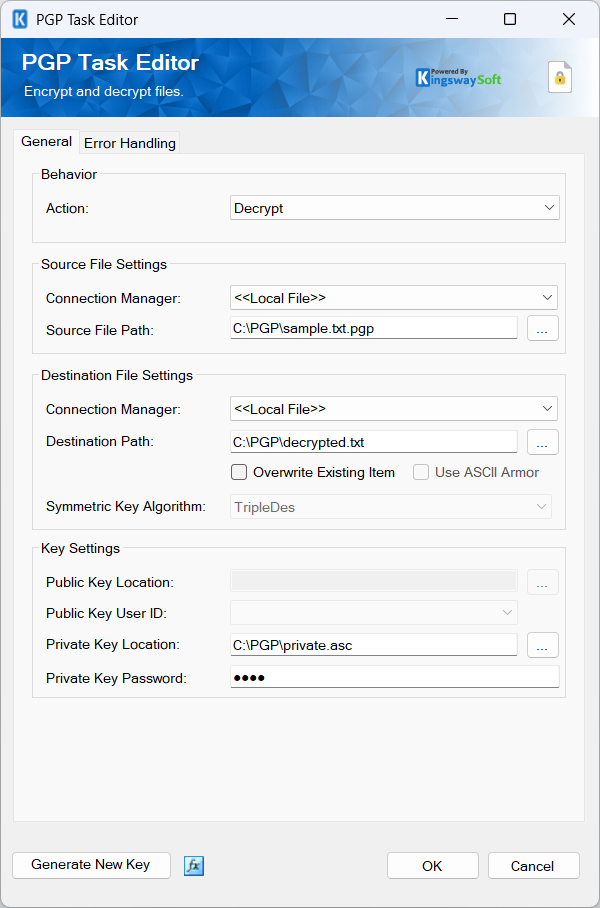 KingswaySoft PGP Task Editor configured with the Decrypt action using the corresponding private key and passphrase.