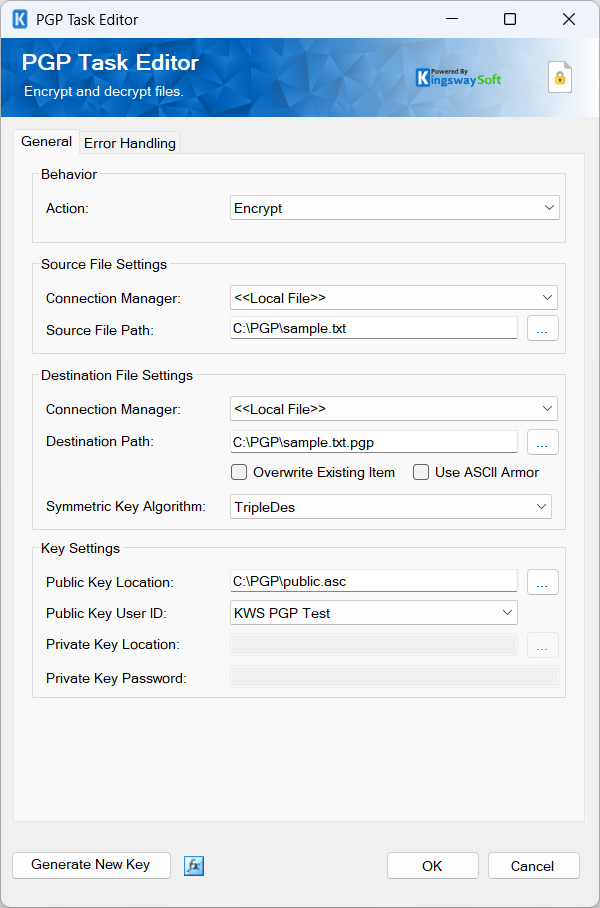 KingswaySoft PGP Task Editor configured with the Encrypt action to encrypt a text file using the generated public key.
