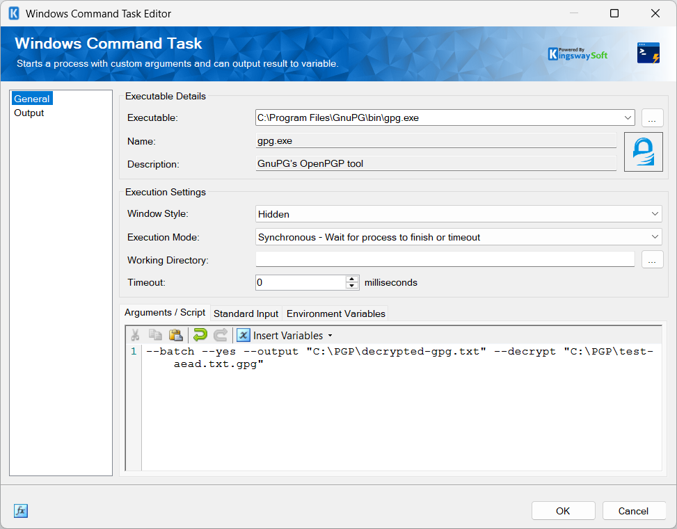 KingswaySoft Windows Command Task configured to execute gpg.exe with arguments for decrypting an AEAD-encrypted OpenPGP file.