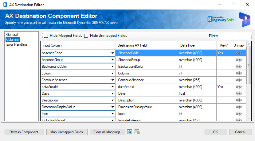 AX Destination Component - Columns