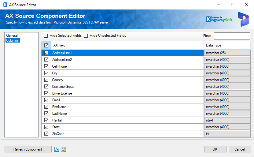 AX Source Component - Columns