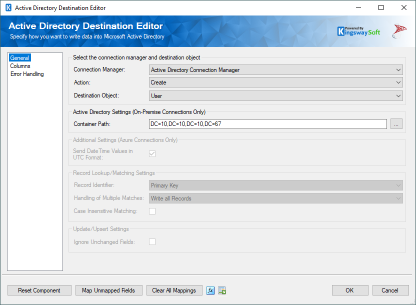 Active Directory Destination Editor