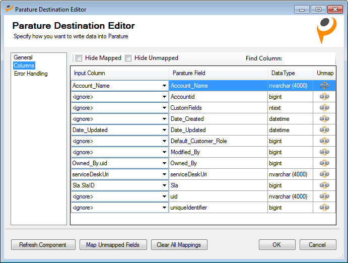 Columns - Parature Desintation Editor