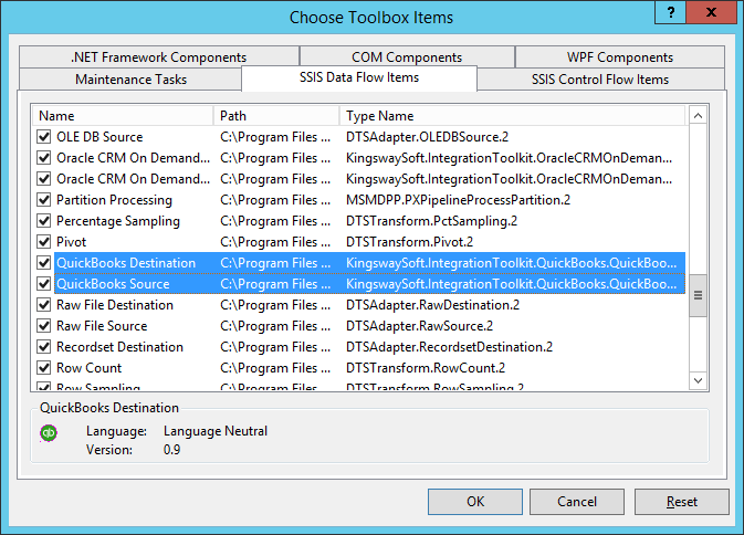 Add QuickBooks SSIS components