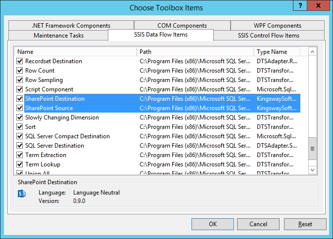 Add SharePoint SSIS Components