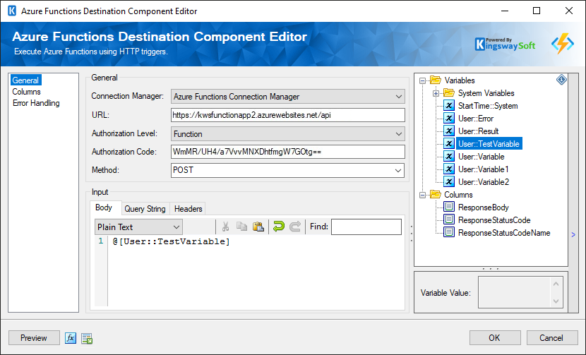 KingswaySoft Azure Functions Destination Component Editor showing configuration options including URL, authorization code, and body input with a variable.