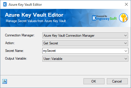 Azure Key Vault Editor settings to retrieve secret mySecret and store it in a user variable.