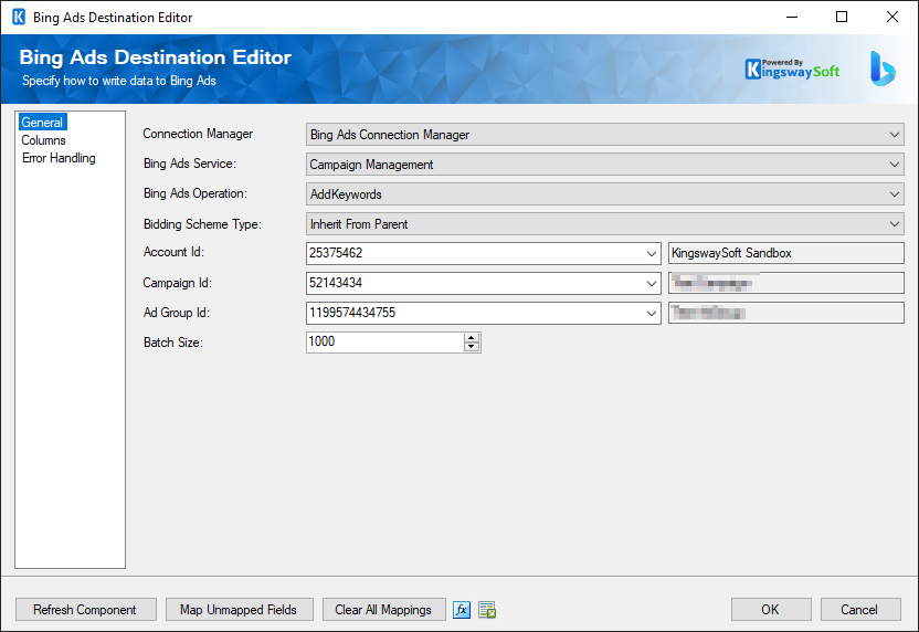 Bing Ads Destination Editor settings showing account, campaign, and ad group IDs, batch size, and connection details.