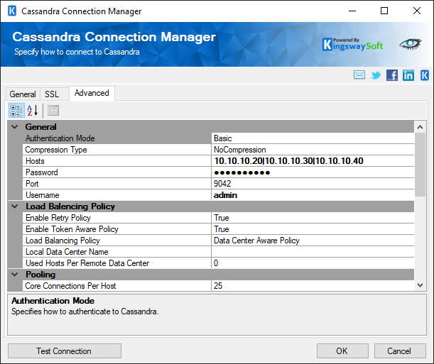 Cassandra Connection Manager - Advanced Page