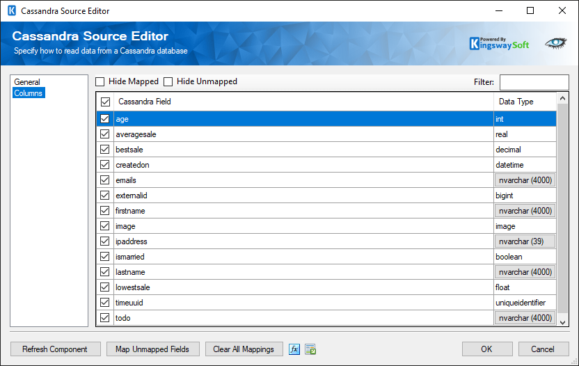 Cassandra Source Editor - Columns Page