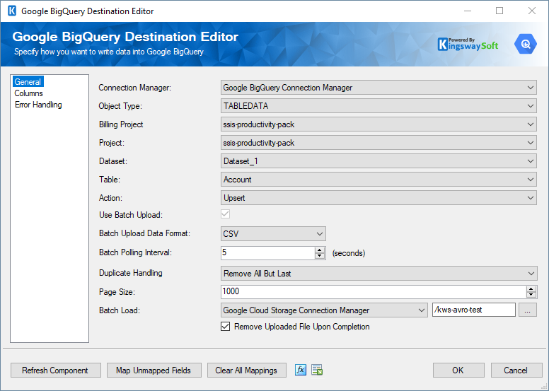 Google BigQuery Destination Editor settings showing data integration configurations.