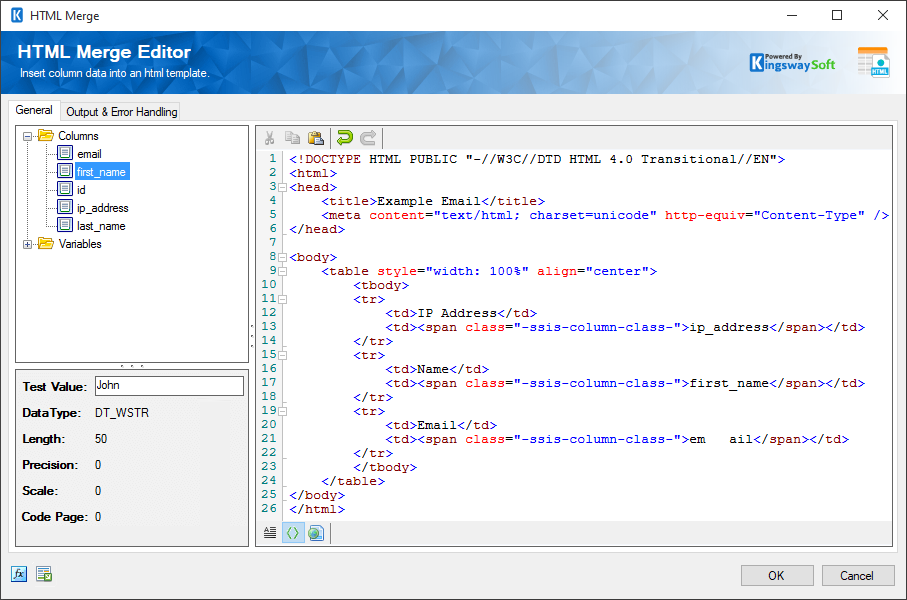 HTML Merge Editor interface showing HTML template and data merge options. KingswaySoft.