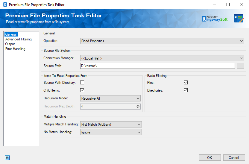 KingswaySoft Premium File Properties Task Editor settings, showing source path, recursion, and filtering options.