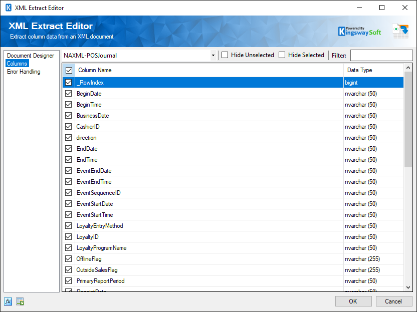 XML Extract Editor - Columns Page