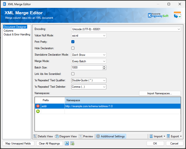XML Merge Document Designer  - Additional Settings