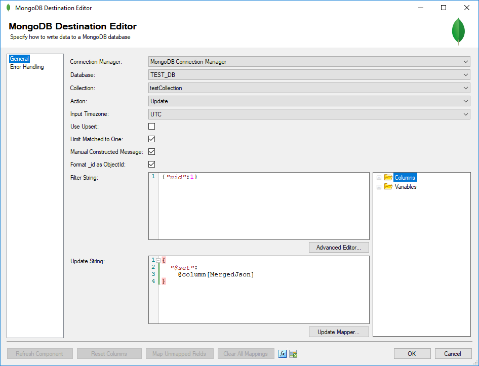 MongoDB Destination Editor