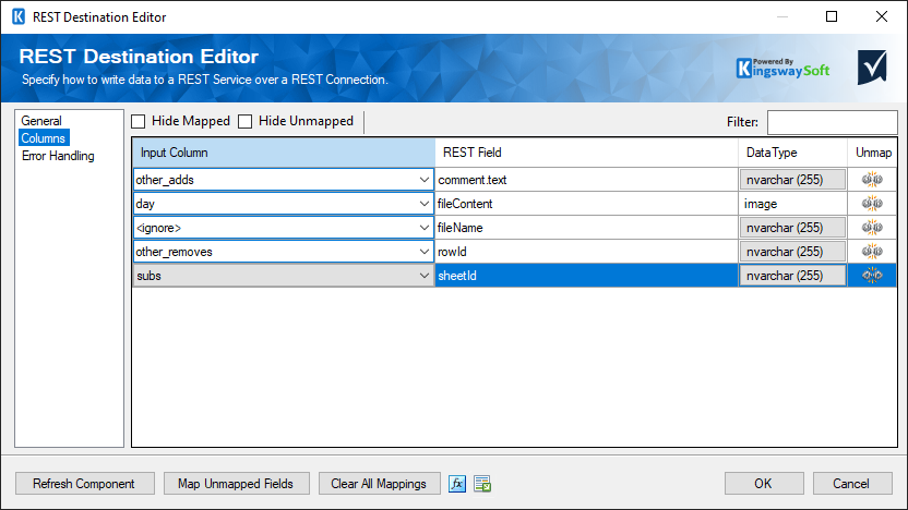 REST Destination Editor showing column mappings for KingswaySoft data integration tool.