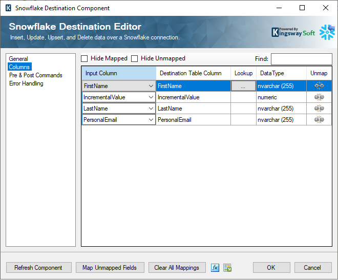 Snowflake Destination Component Columns Page