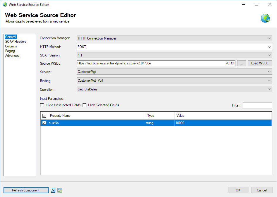 The Web Service component should populate the other fields in the editor with information from the loaded WSDL file.
