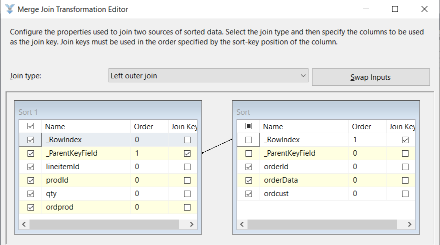 Merge Join Transformation Editor - Left Outer Join