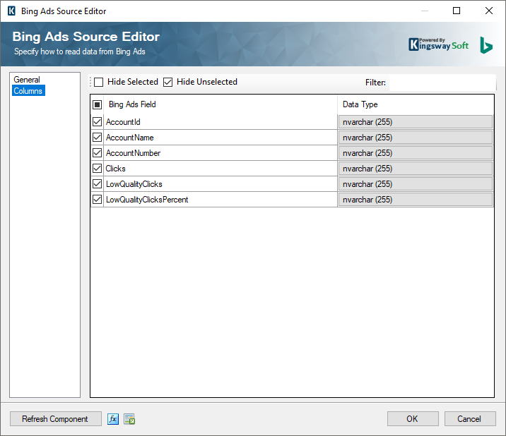 Bing Ads Source Editor Columns Page Hide Unselected