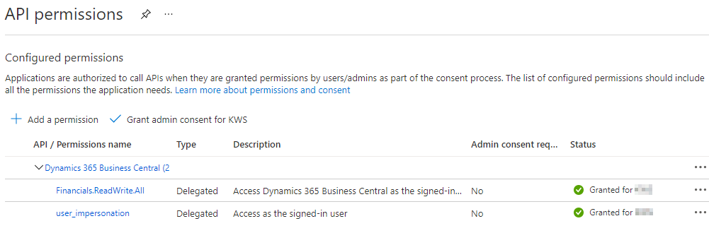 Business Central App Permission in Azure
