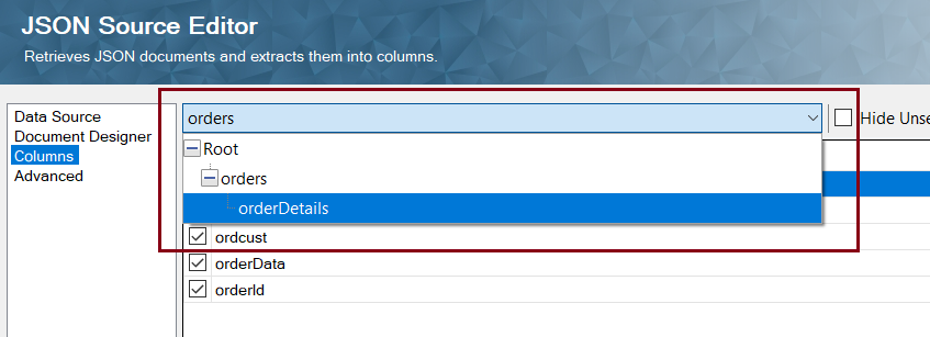 JSON Source Editor - Columns