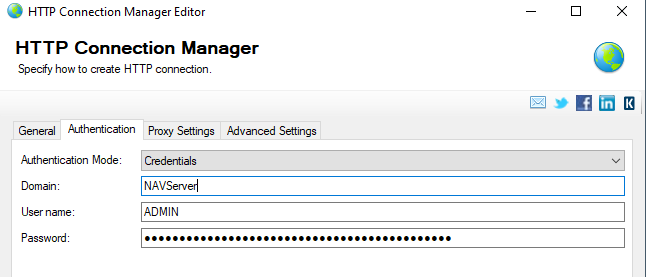 Set up the authentication method to connect to a NAV or a Dynamics 365 Business Central Online instance.
