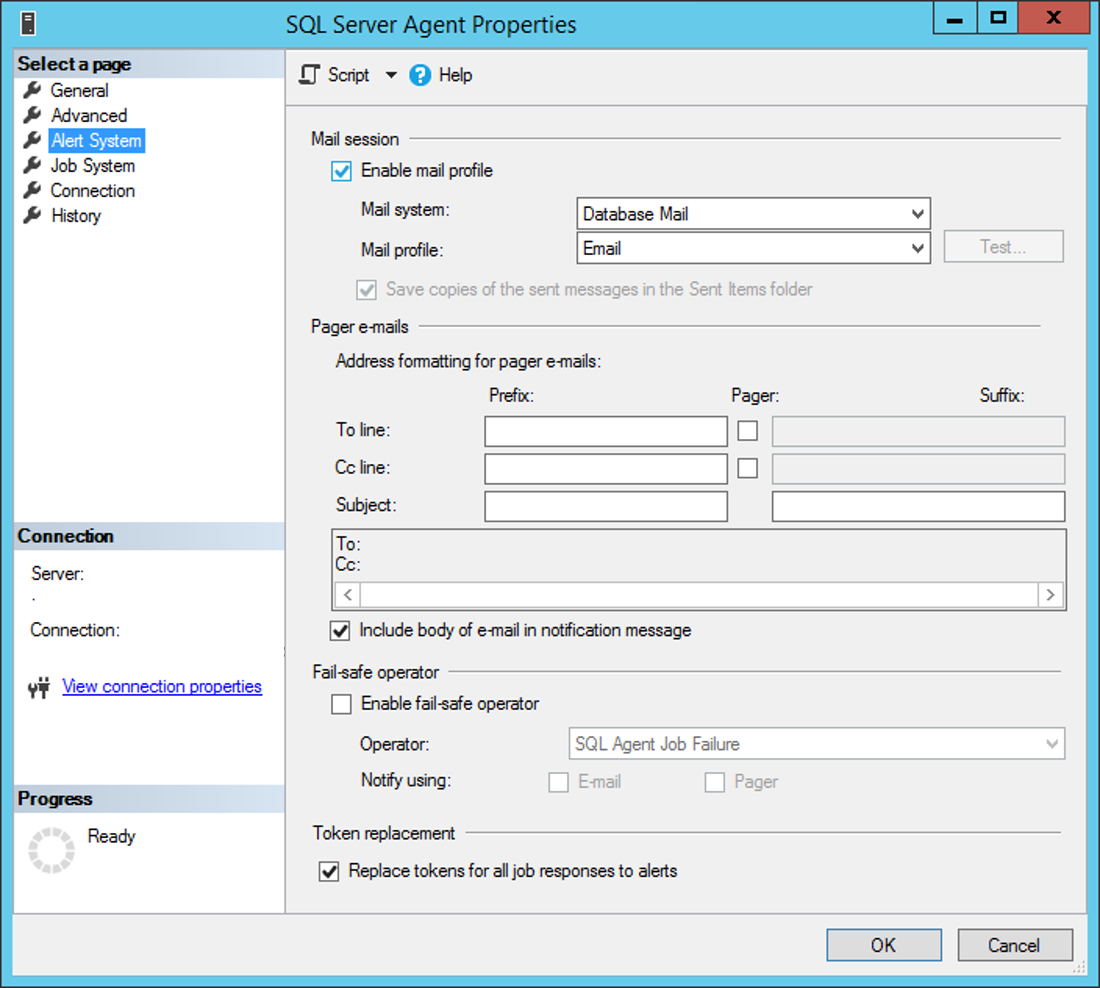 Screenshot of SQL Server Agent Properties Alert System