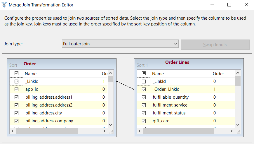 Merge Join Transformation Editor - Full Outer Join