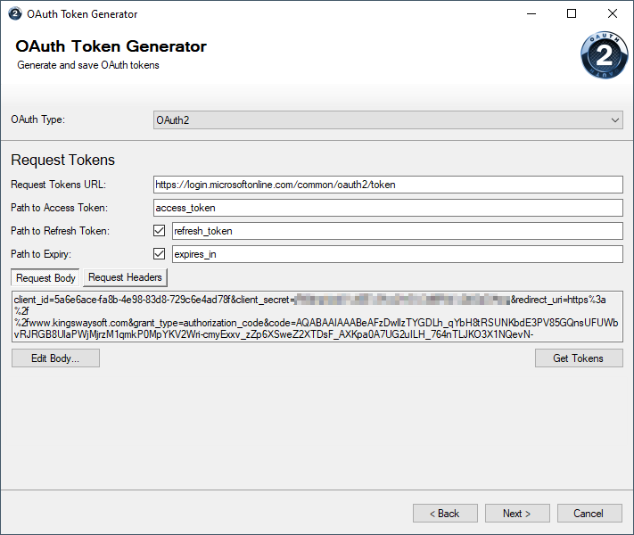 Fill in the Request Tokens URL and click Get Tokens button to request an access token.