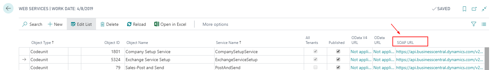 Codeunit SOAP URL is available in the Web Services module in the Dynamics BC/NAV application and is the URL we will use to call the Codeunit functions.
