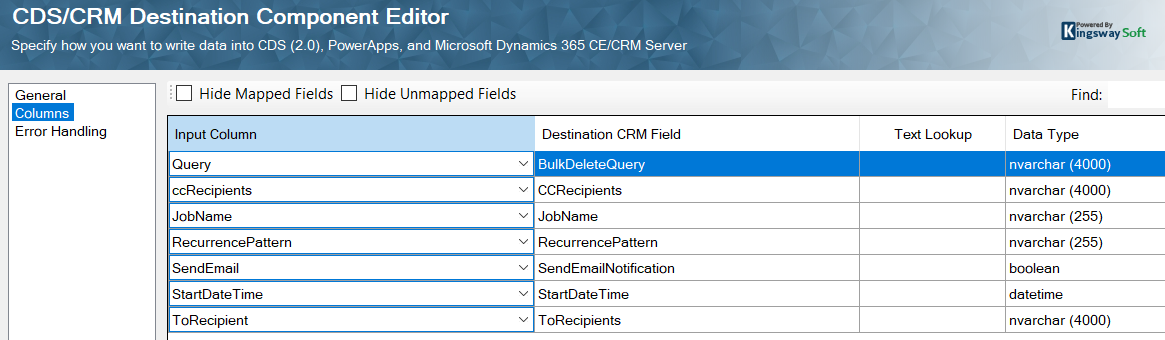 CDS/CRM Source Component Editor - Columns