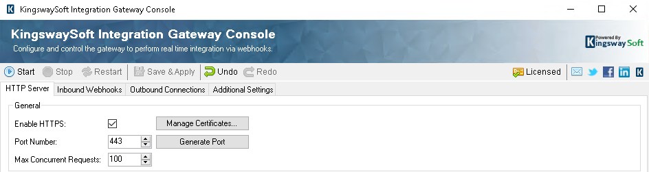 KingswaySoft Integration Gateway Console KingswaySoft Integration Gateway Console - HTTP Server page