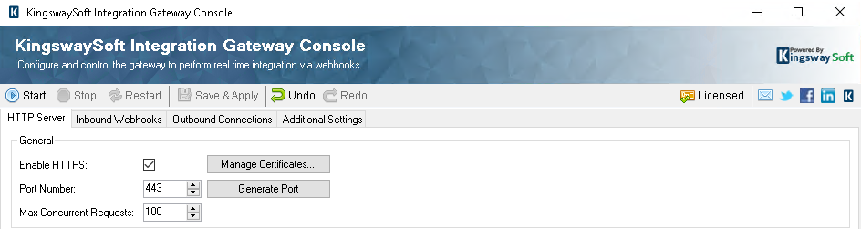 KingswaySoft Integration Gateway Console - HTTP Server page