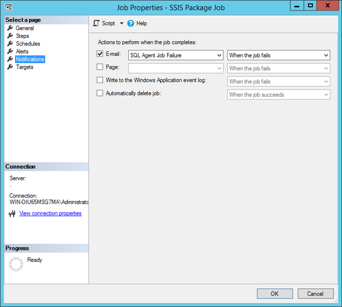 Screenshot of Job Properties SSIS Package Job Email SQL Agent Job Failure