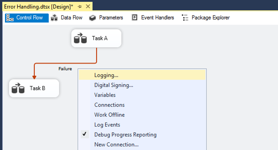 Screenshot of Error Handling in Visual Studio, Activating Logging