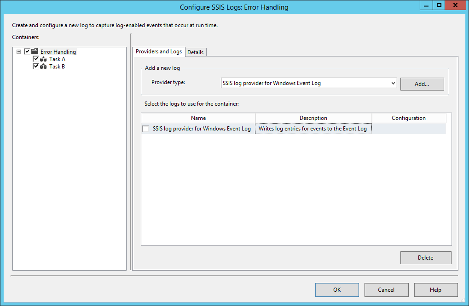 Screenshot of Configure SSIS Logs: Error Handling